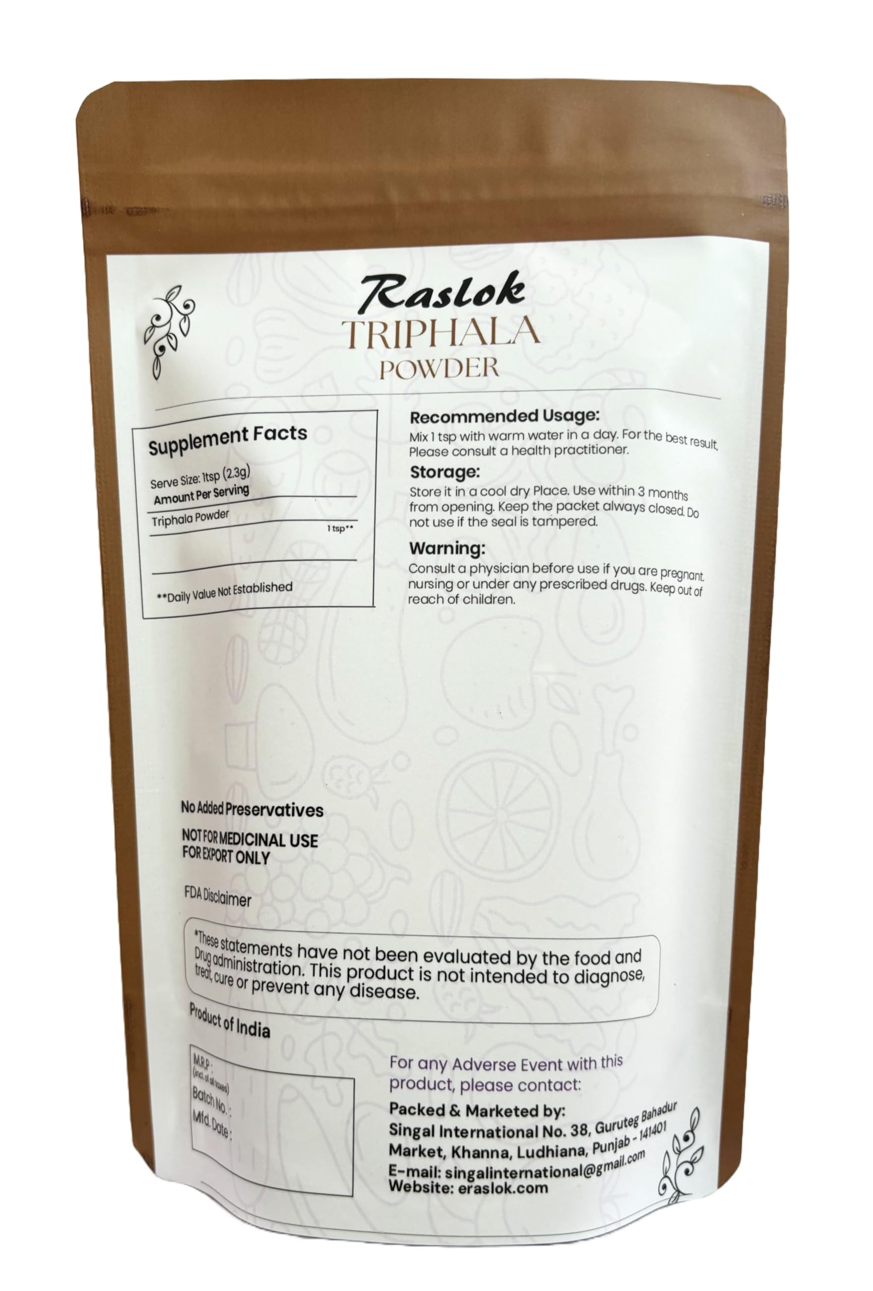 Pure Ayurvedic Triphala herbal health supplement powder from Raslok shown closely for consistency.