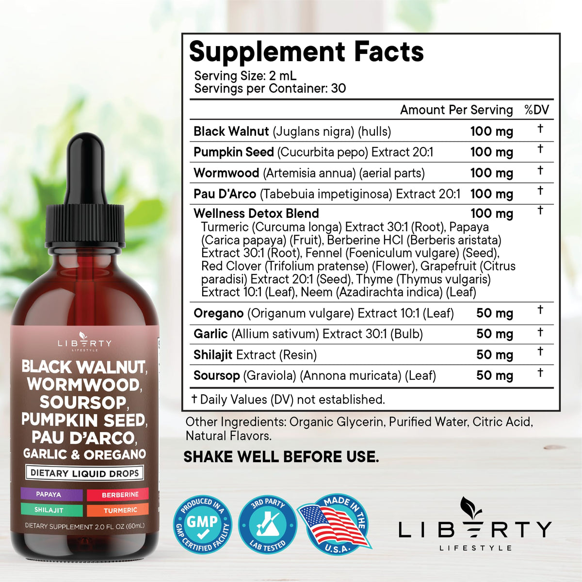 Liberty Lifestyle Defend Wormwood and Black Walnut Liquid Drops bottle and dropper
