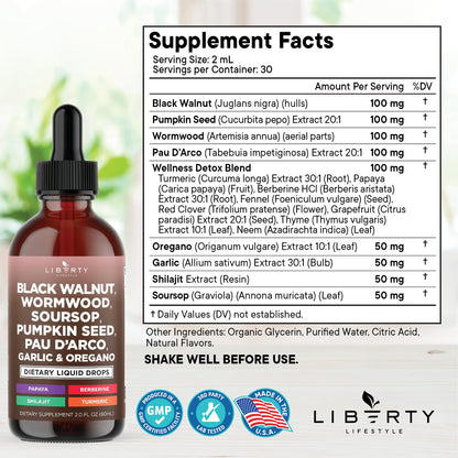 Liberty Lifestyle Defend Wormwood and Black Walnut Liquid Drops bottle and dropper