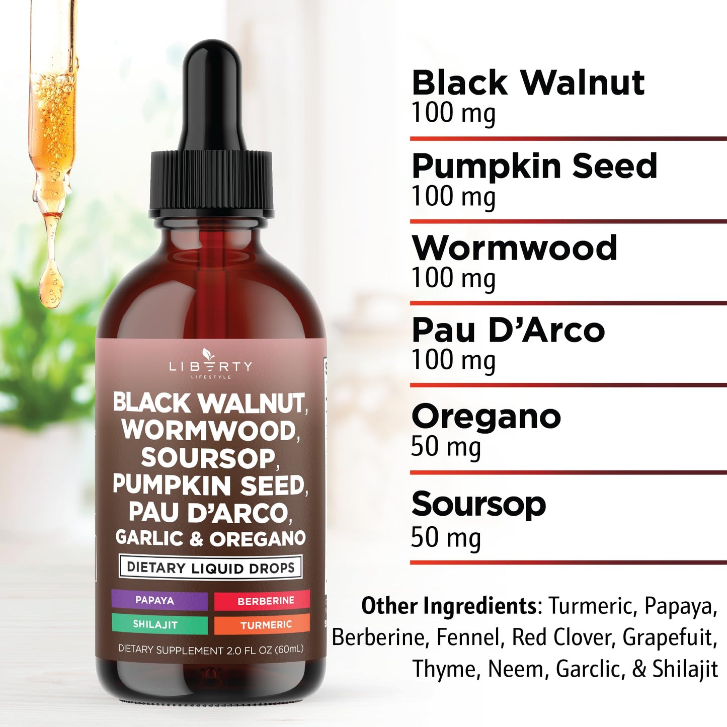 Liberty Lifestyle Defend Wormwood and Black Walnut Liquid Drops supplement facts label