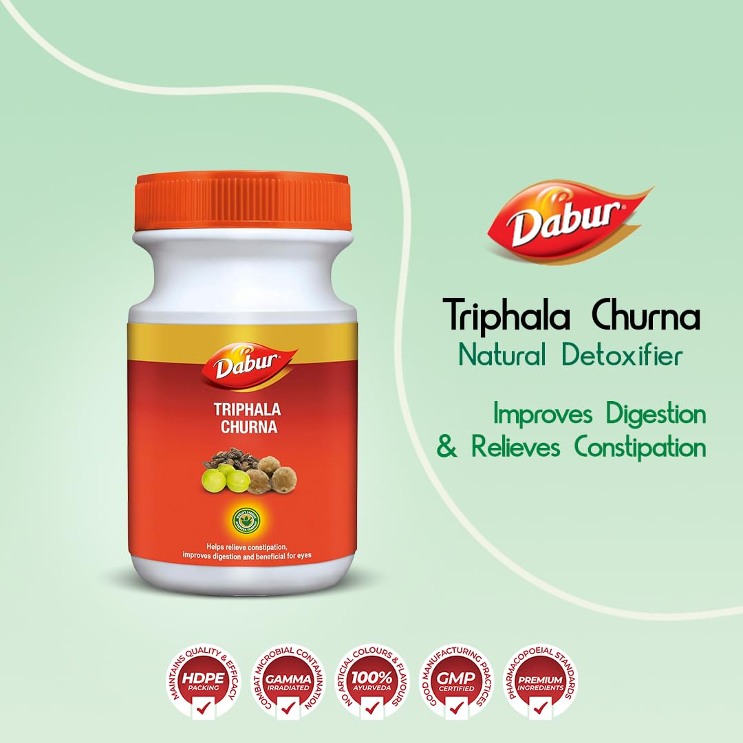 Natural ingredients graphic illustrating Amla Haritaki and Bibhitaki fruits used in this colon cleanser formula