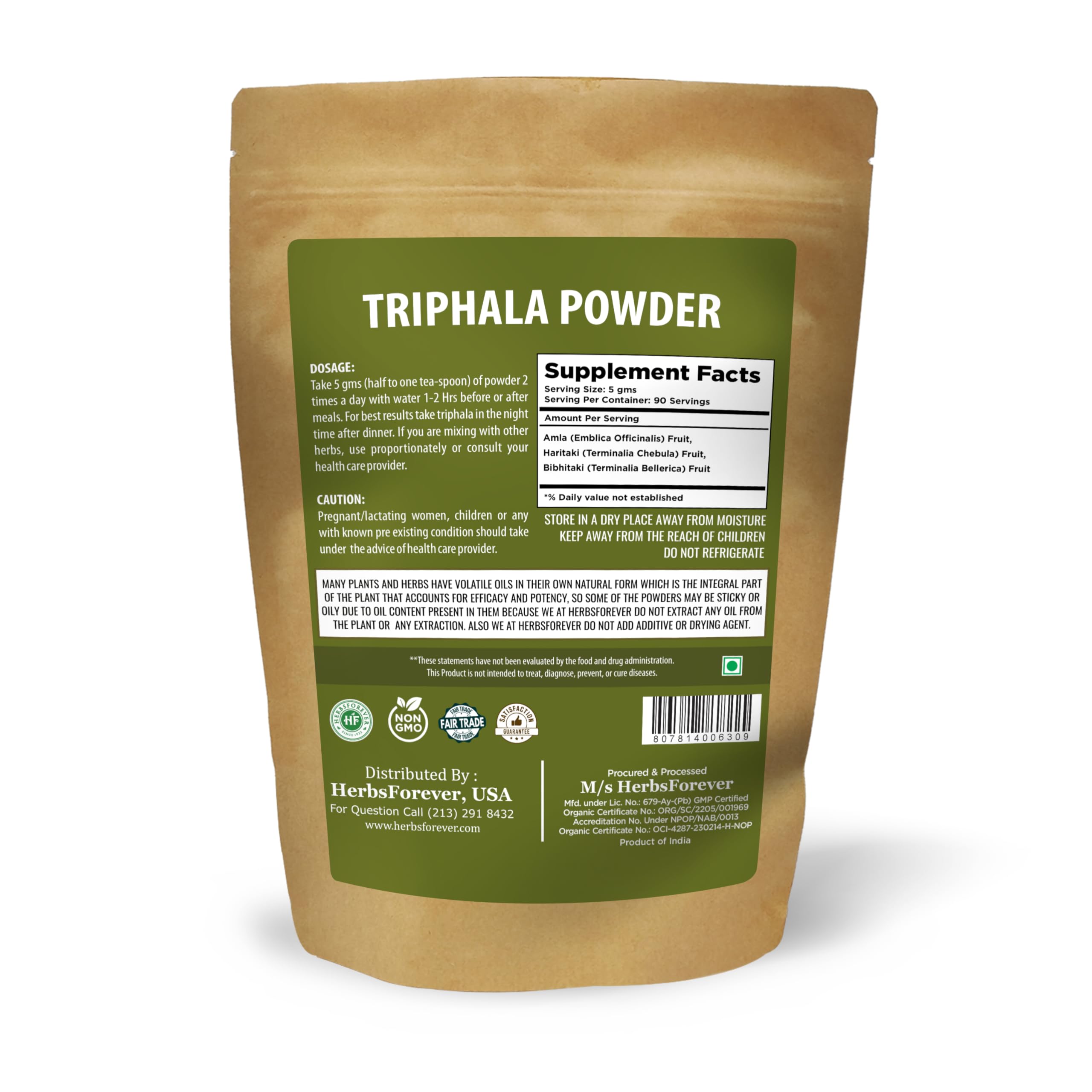Herbsforever Triphala 454g bag containing traditional seedless herbal digestive supplement
