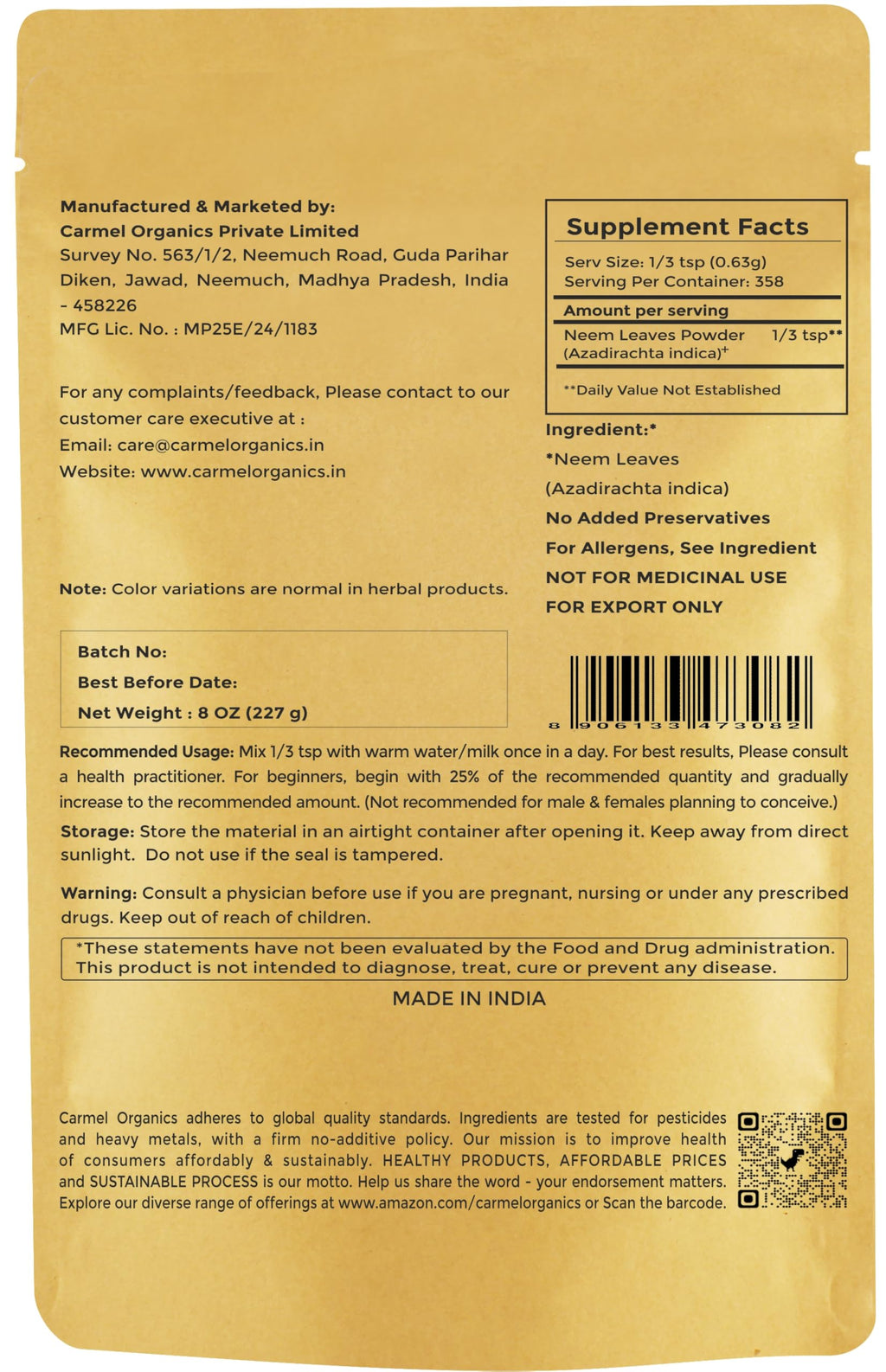 Organic neem leaf powder packaging pouch