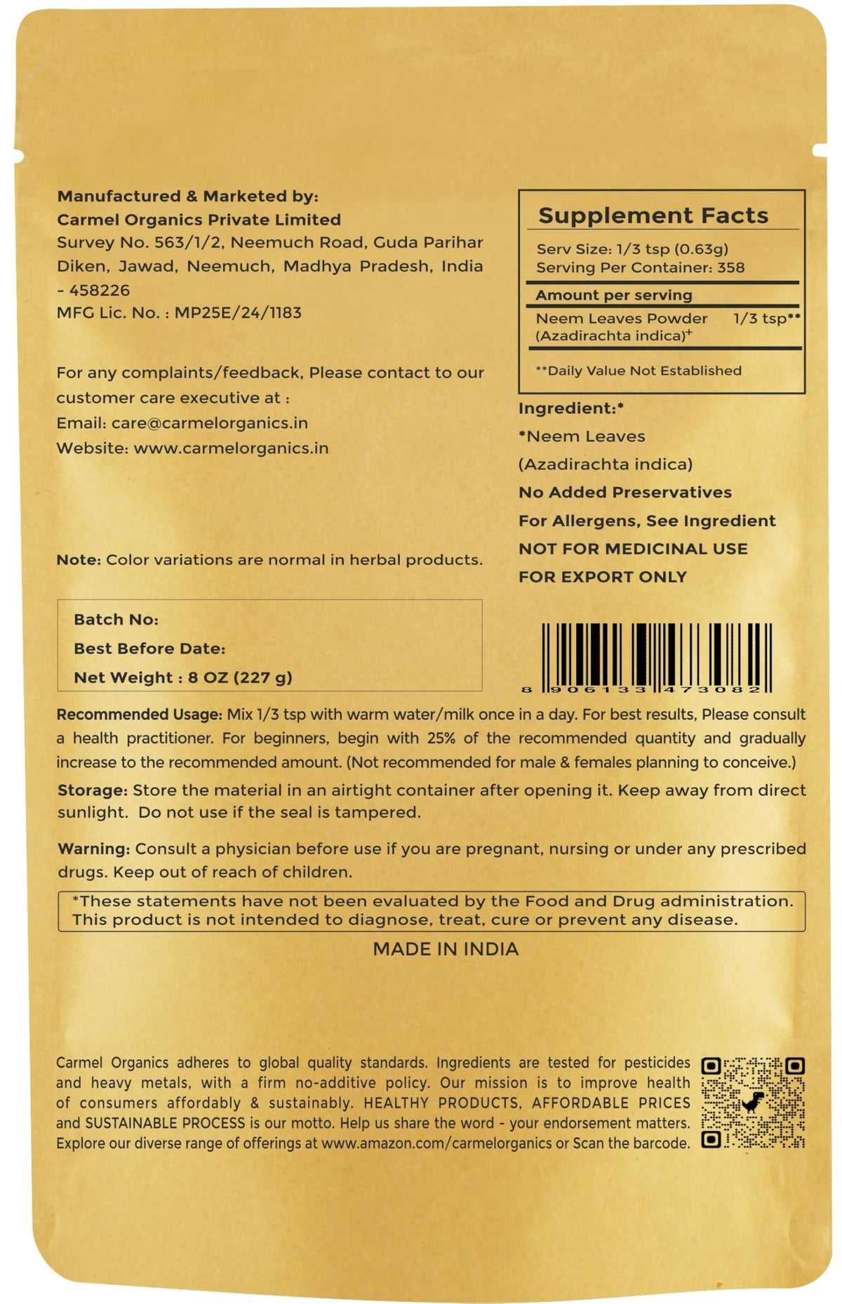 Organic neem leaf powder packaging pouch