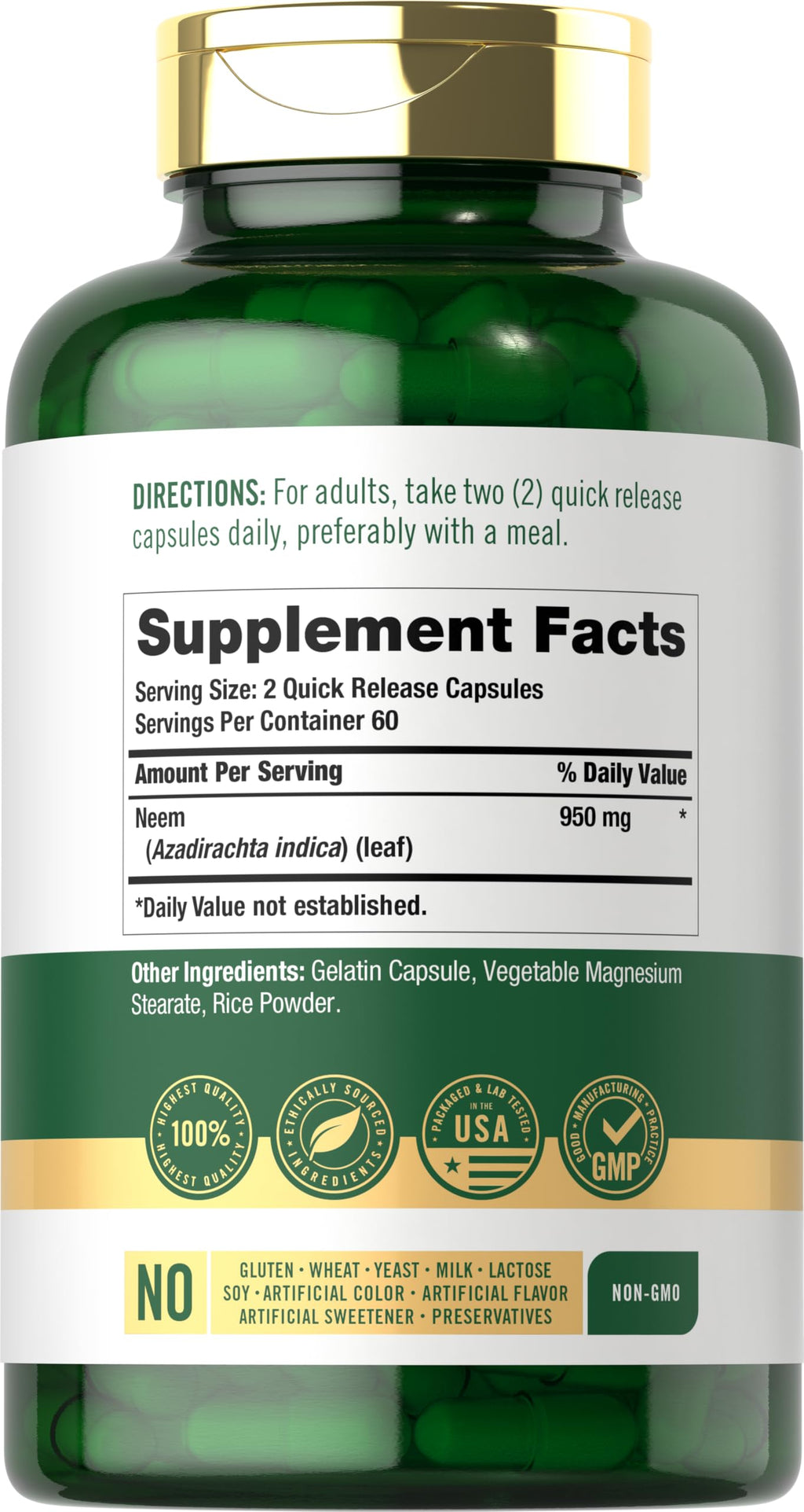 Carlyle Neem Leaf Supplement Bottle Back Label