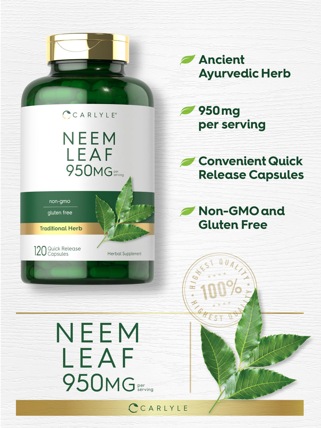 Carlyle Non GMO Gluten Free Neem Leaf Capsules