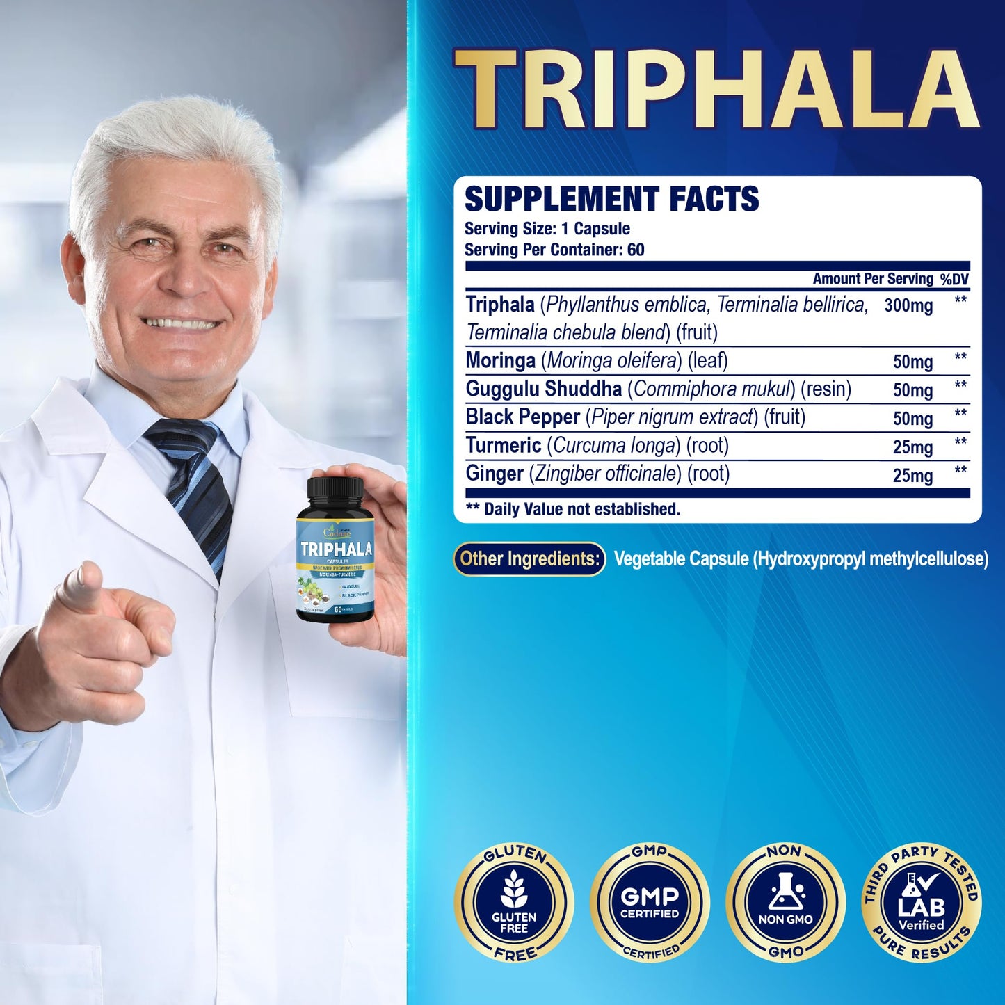 Supplement facts panel for Organic Cadane Triphala showing turmeric and moringa dosages