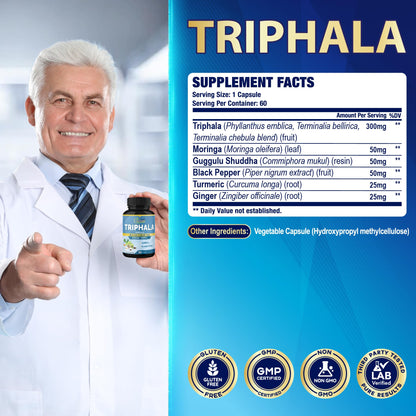 Supplement facts panel for Organic Cadane Triphala showing turmeric and moringa dosages