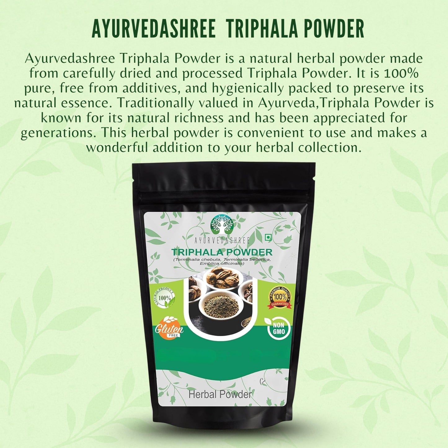 Back label of Ayurvedashree Triphala supplement showing non-GMO and gluten-free certifications