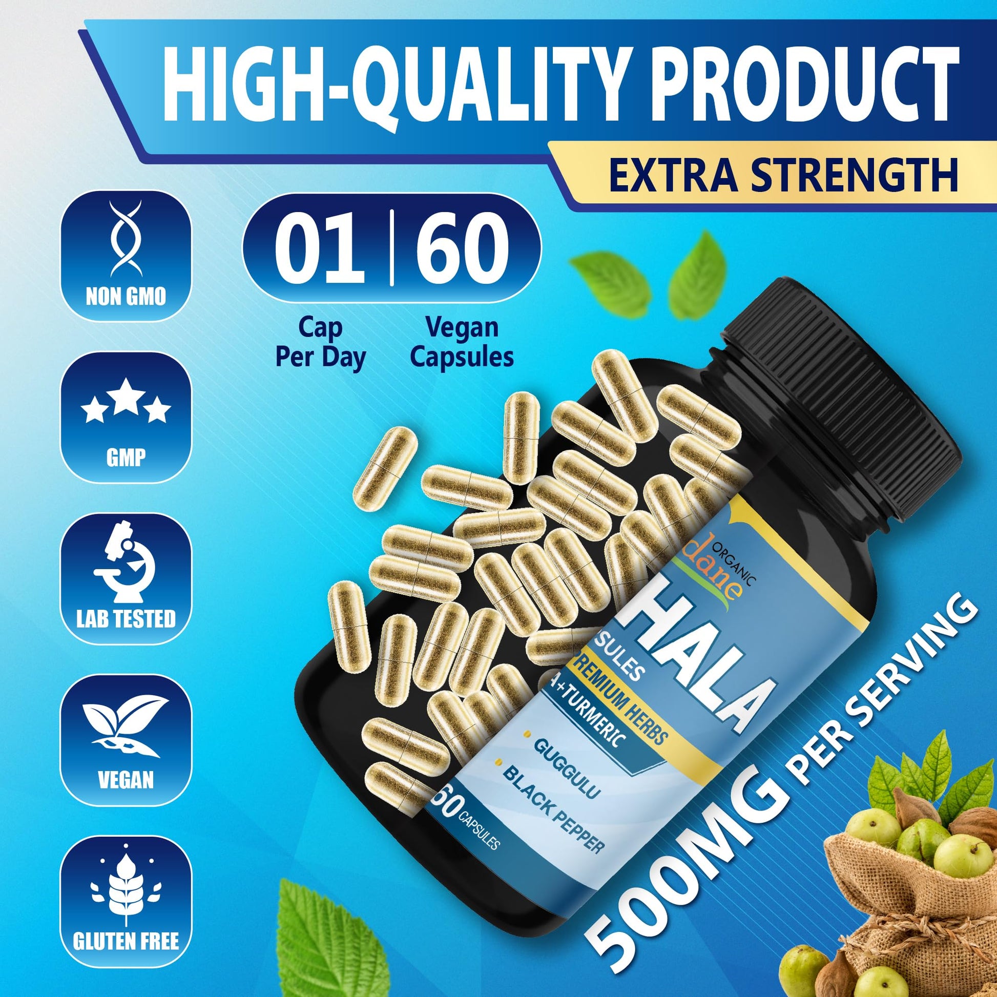 Premium herbal blend packaging of Triphala extract capsules by Organic Cadane