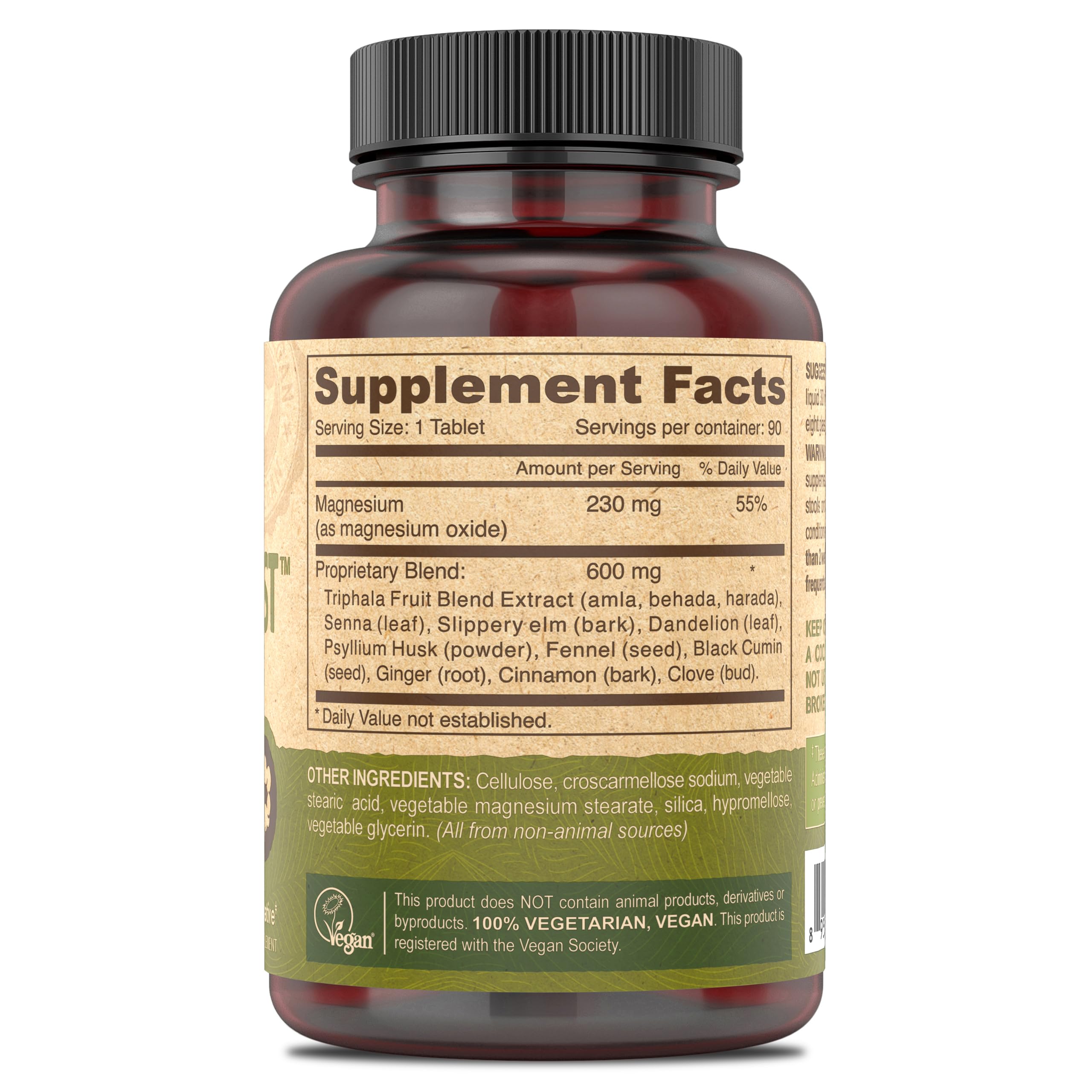 Deva herbal laxative supplement label detailing the magnesium and psyllium husk formula.