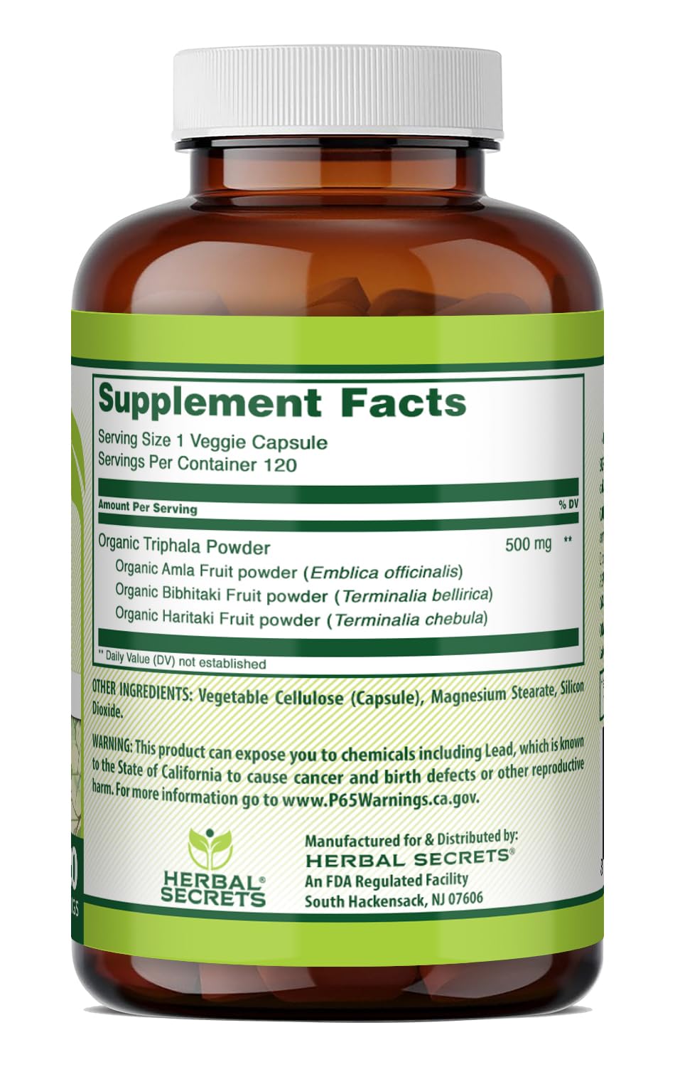 Herbal Secrets Triphala supplement supplement facts and ingredient label details