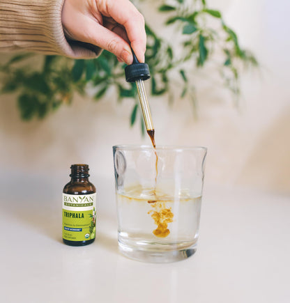 Banyan Botanicals Triphala digestive supplement showing dosage instructions and directions