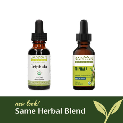 Certified organic Banyan Botanicals Triphala liquid extract bottle on plain background