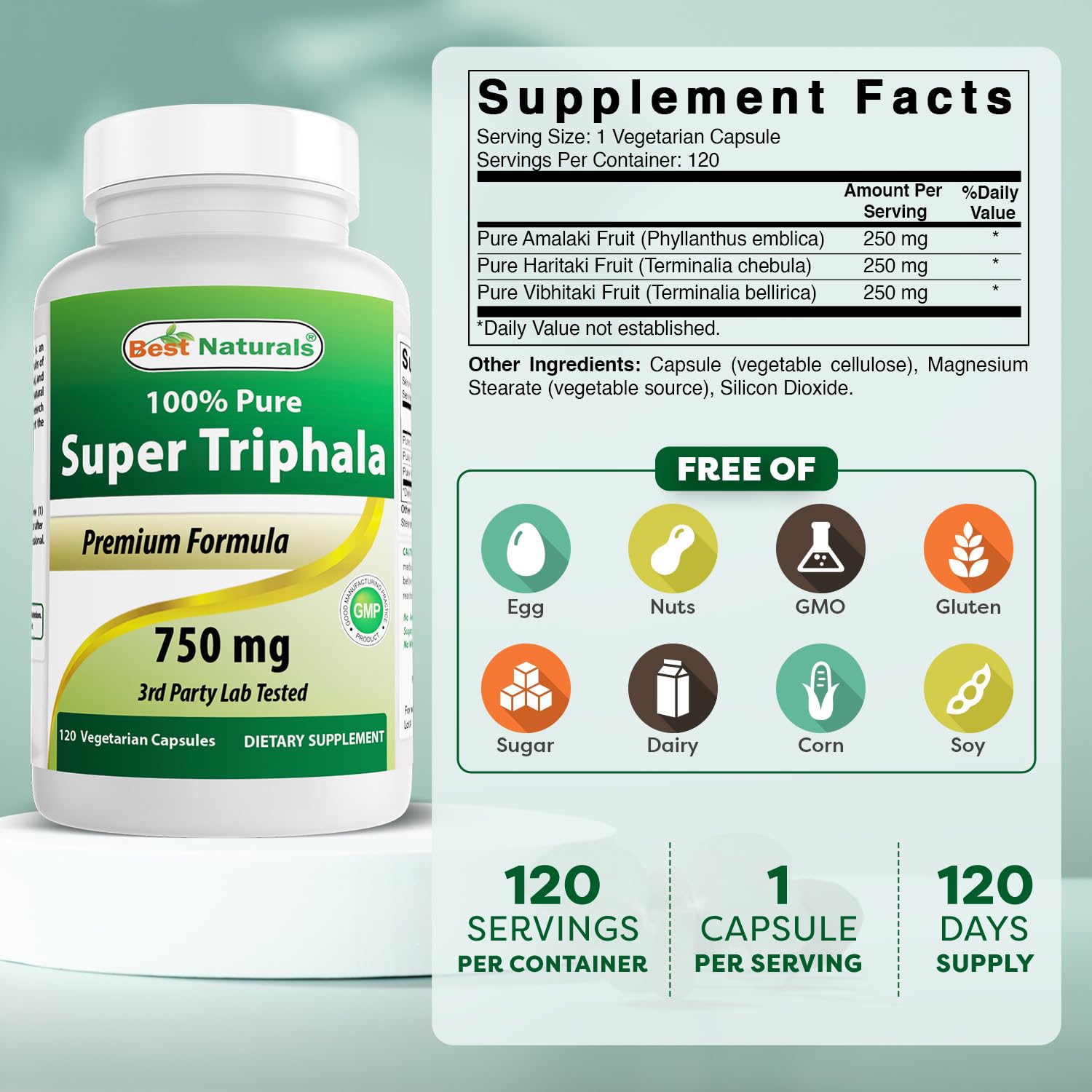 Best Naturals Triphala digestive supplement bottle showing nutritional facts and pure Ayurvedic ingredients list