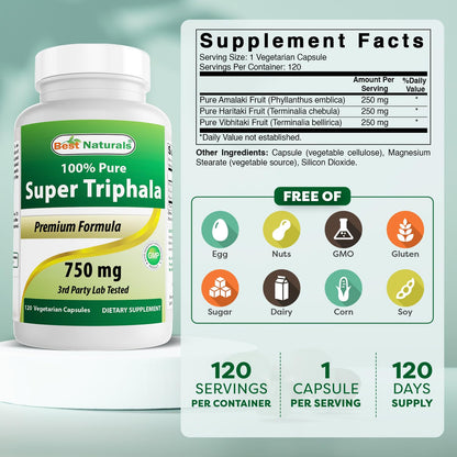 Best Naturals Triphala digestive supplement bottle showing nutritional facts and pure Ayurvedic ingredients list