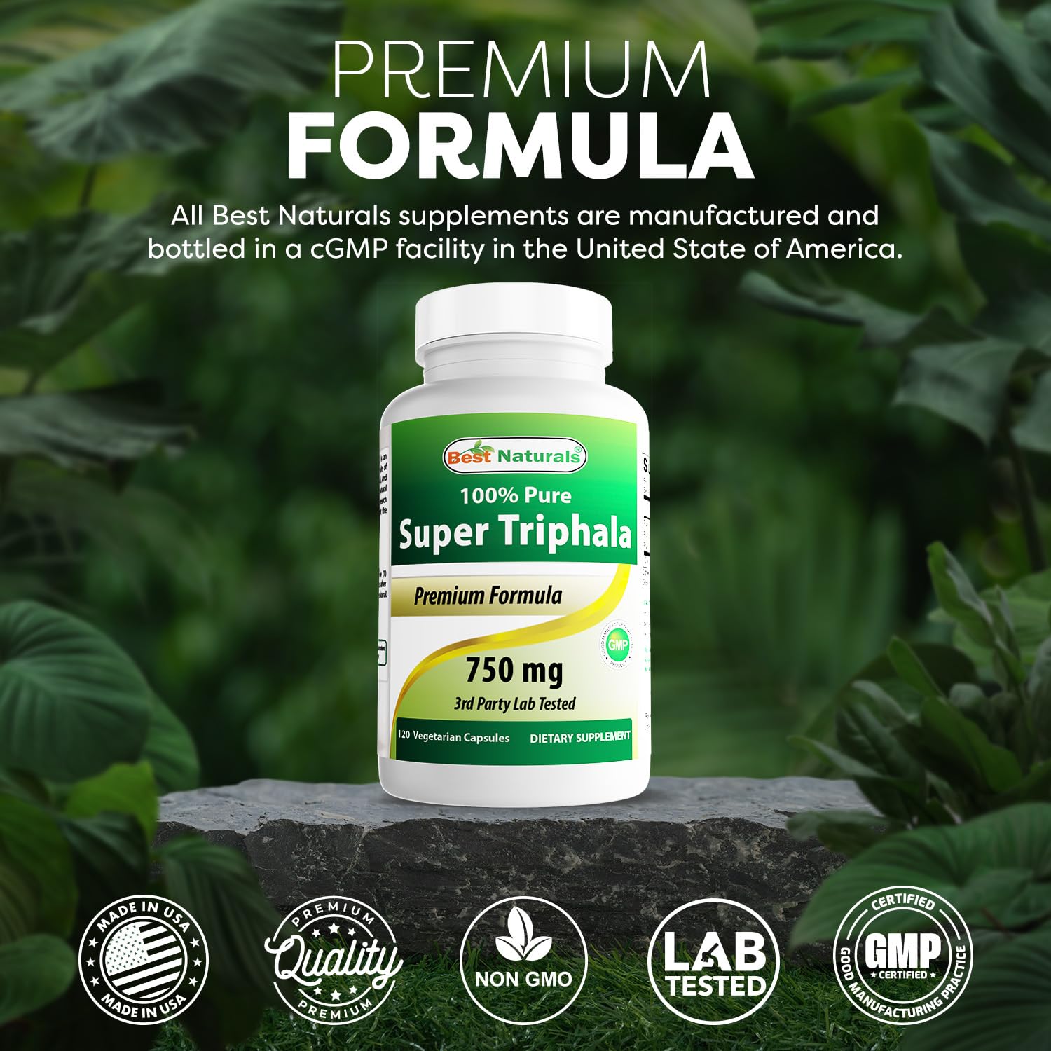 Close up of the non-GMO and gluten-free seals on the imported capsule bottle