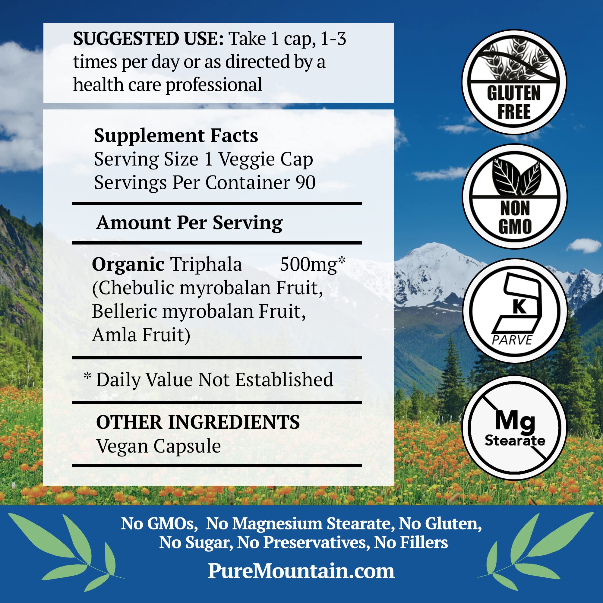 Pure Mountain Botanicals Triphala supplement facts showing 500mg organic blend of Amla fruit.