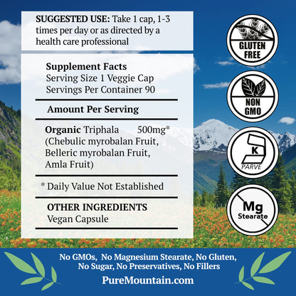 Pure Mountain Botanicals Triphala supplement facts showing 500mg organic blend of Amla fruit.