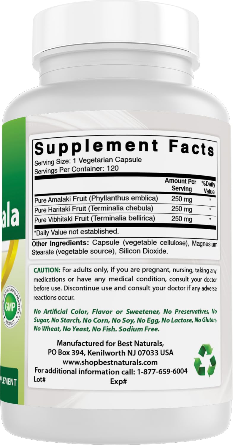 Side view of Best Naturals Super Triphala showing manufacturing transparency and quality standards