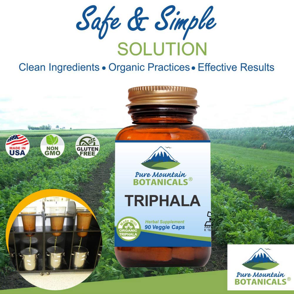 Side profile of USA imported Pure Mountain Botanicals Triphala showing non GMO and kosher labels.