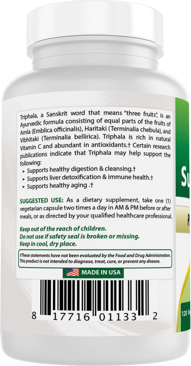 White vegetarian capsules alongside the Best Naturals Triphala dietary supplement packaging
