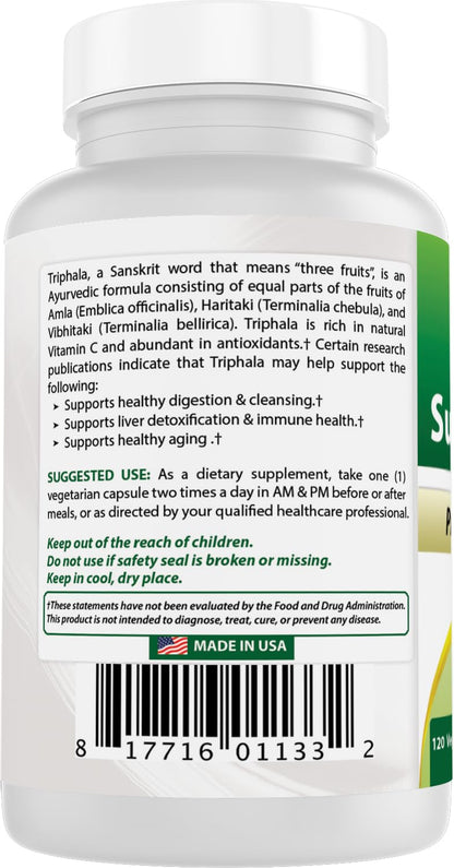 White vegetarian capsules alongside the Best Naturals Triphala dietary supplement packaging