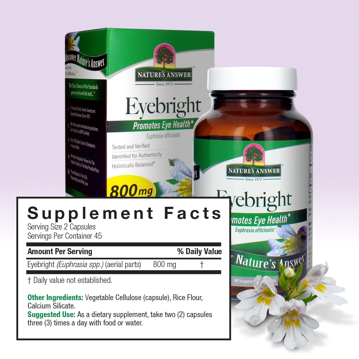 Side view of Nature's Answer Eyebright 800mg capsules bottle
