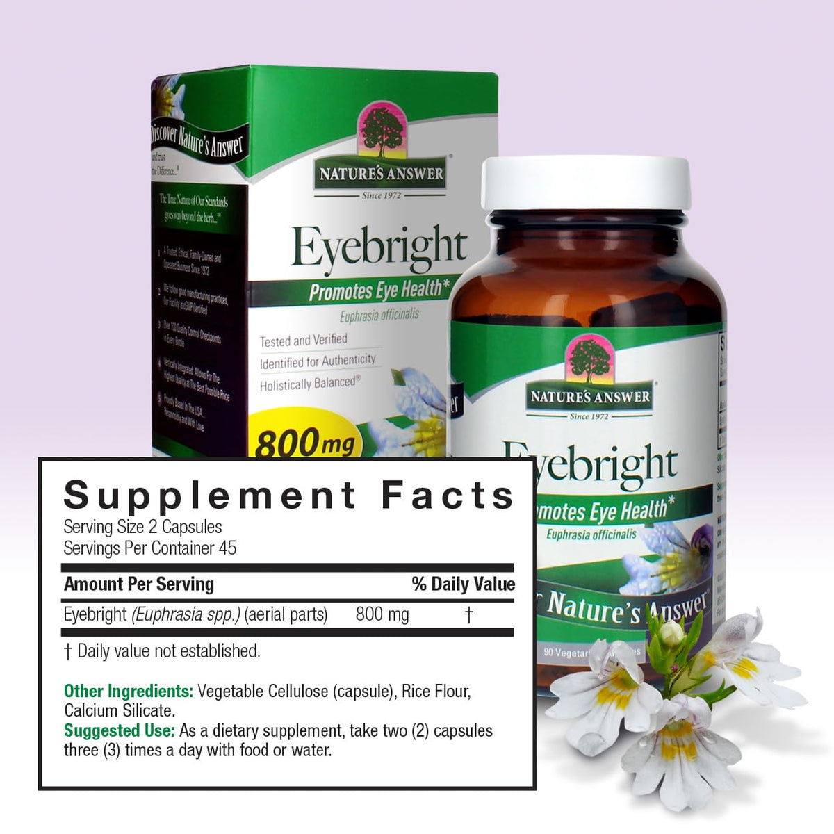 Side view of Nature's Answer Eyebright 800mg capsules bottle
