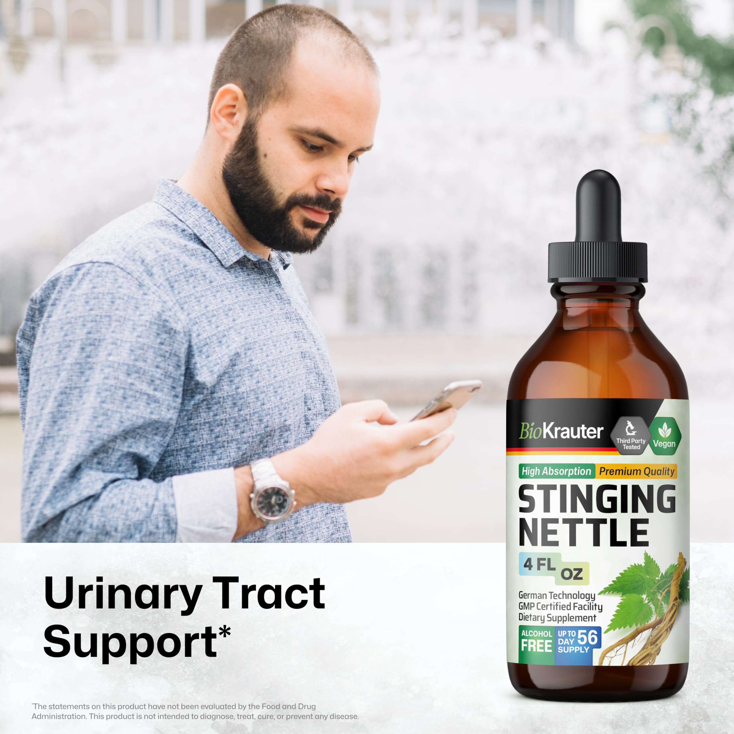 Bio Krauter Stinging Nettle liquid supplement bottle showing the alcohol free formula details