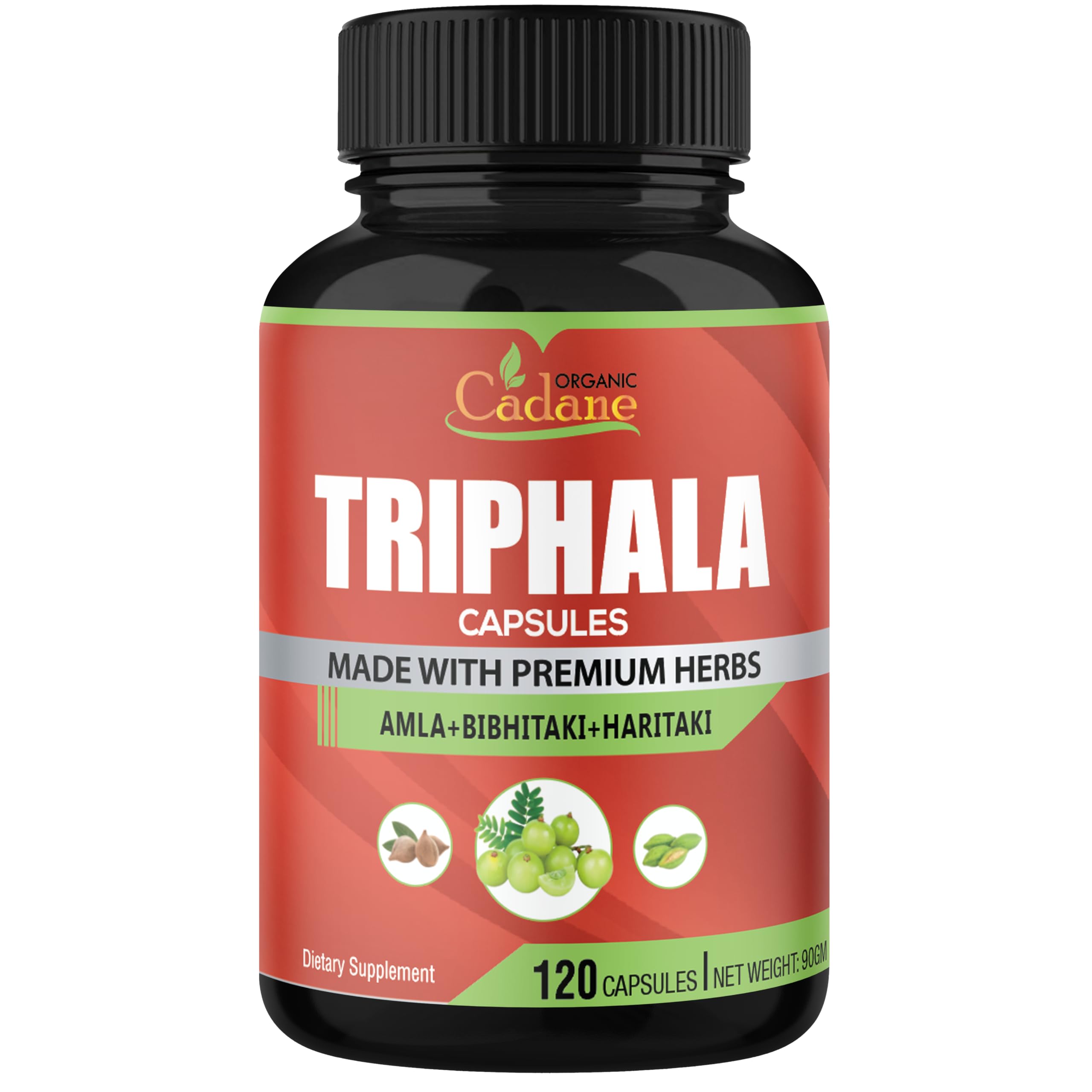 Organic Cadane Triphala supplement packaging displaying the three thousand milligram equivalent dosage info.