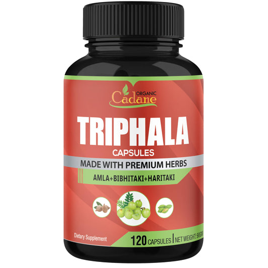 Organic Cadane Triphala supplement packaging displaying the three thousand milligram equivalent dosage info.