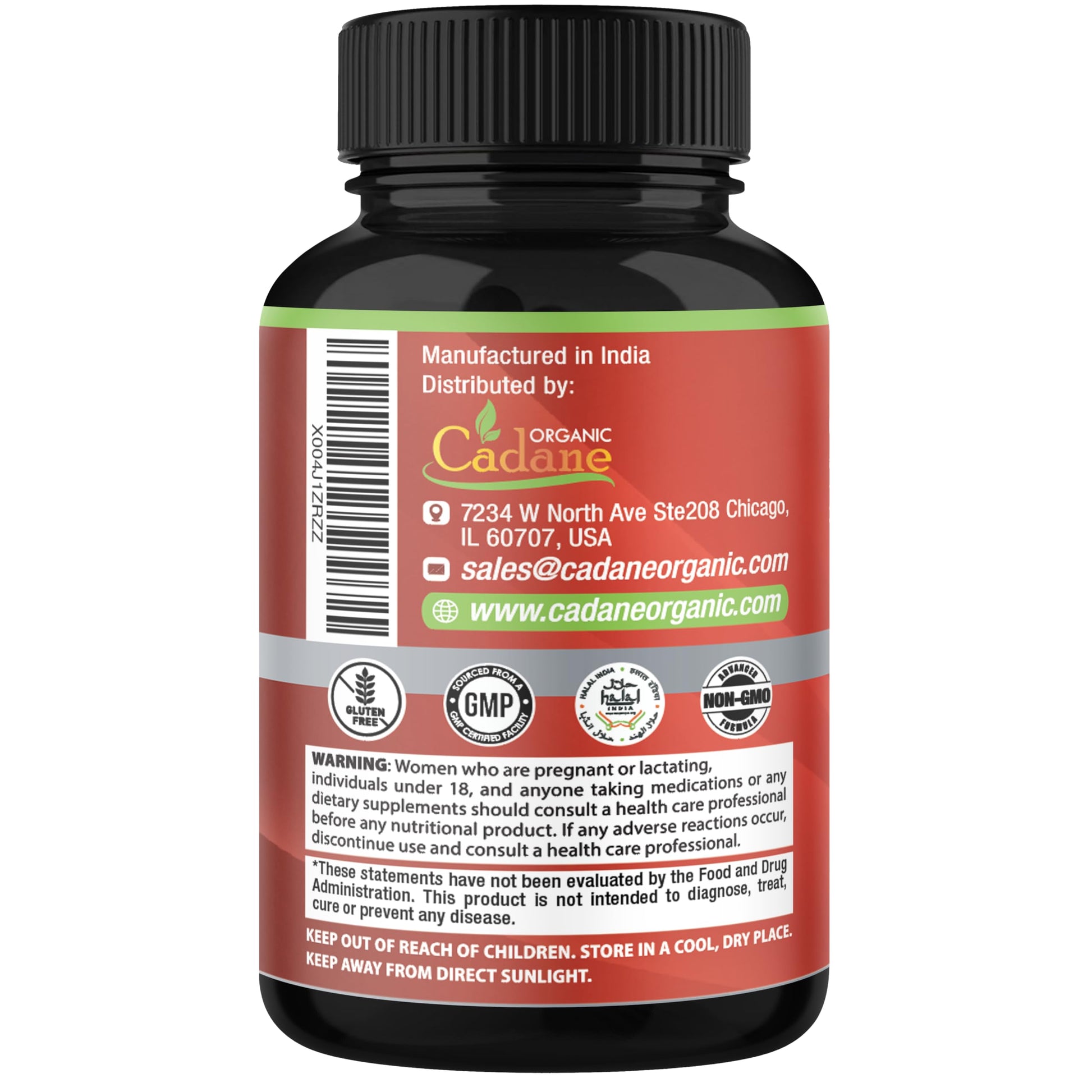 Organic Cadane Triphala supplement capsules spilled neatly next to the brown amber bottle.