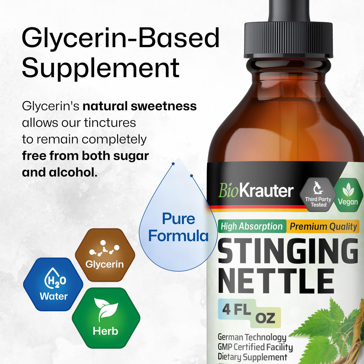 Bio Krauter four fluid ounce bottle showcasing the vegetable glycerin base advantages