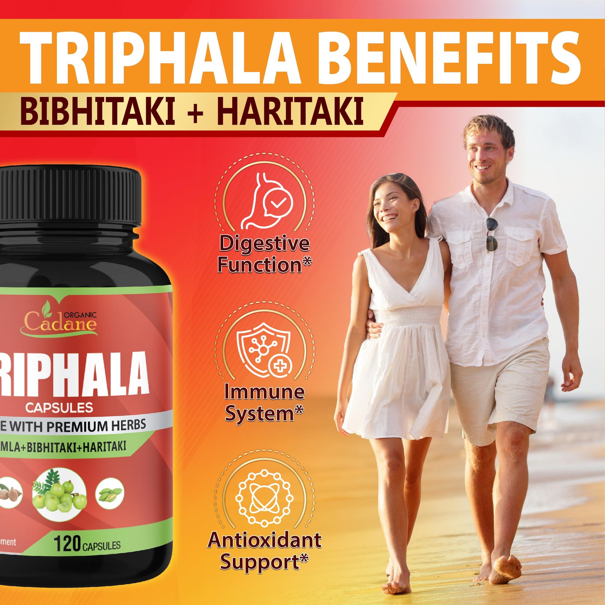 Organic Cadane Triphala supplement seal of quality and third-party laboratory testing certification marks.