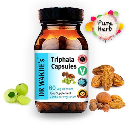 DR WAKDE'S Triphala supplement side label showing pure amla haritaki and bibhitaki ingredients.