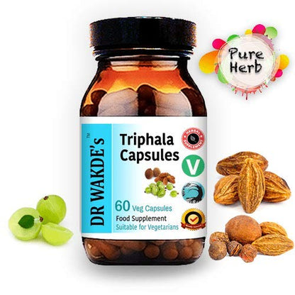 DR WAKDE'S Triphala supplement side label showing pure amla haritaki and bibhitaki ingredients.