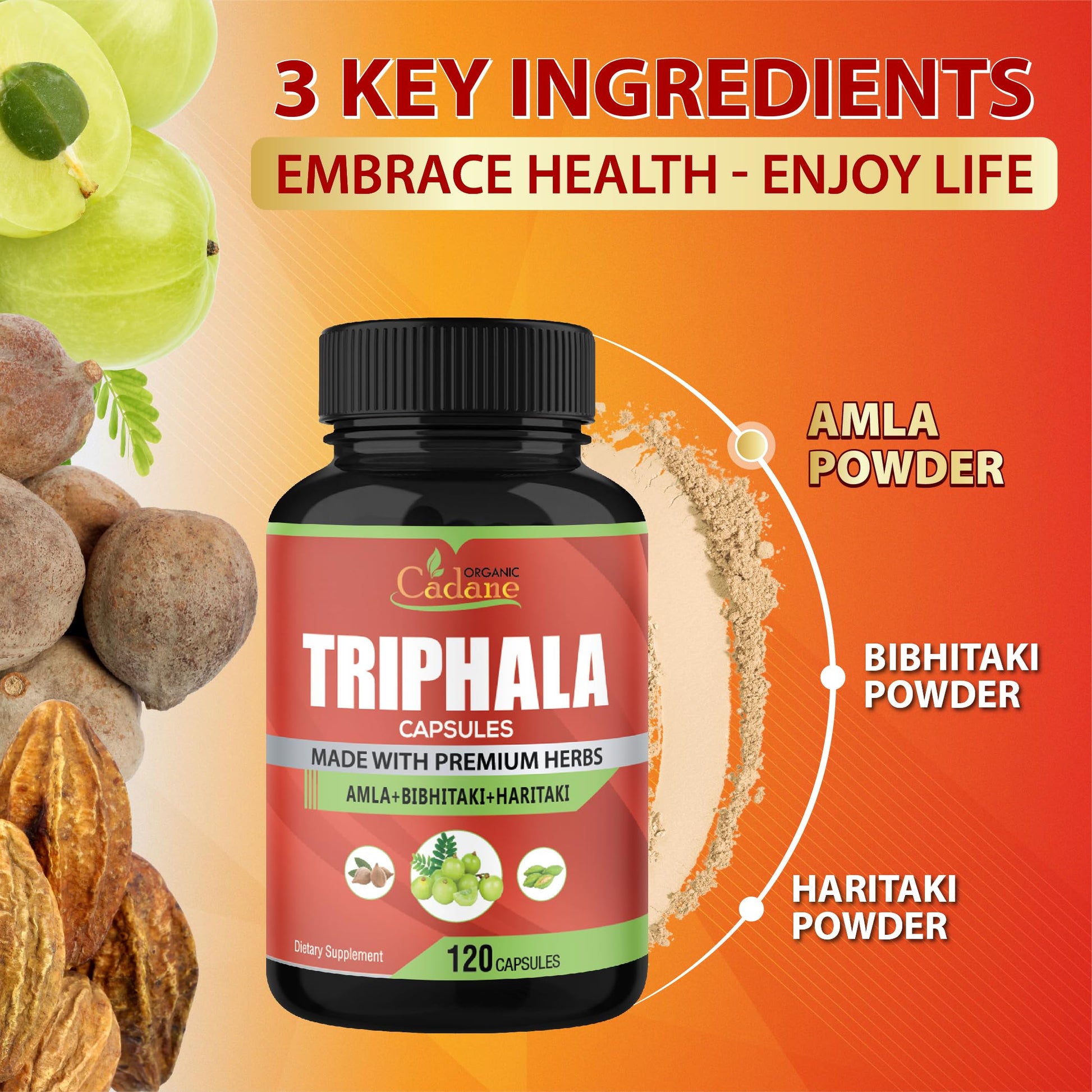 Organic Cadane Triphala supplement bottle showcasing directions for digestive care and evening usage instructions.