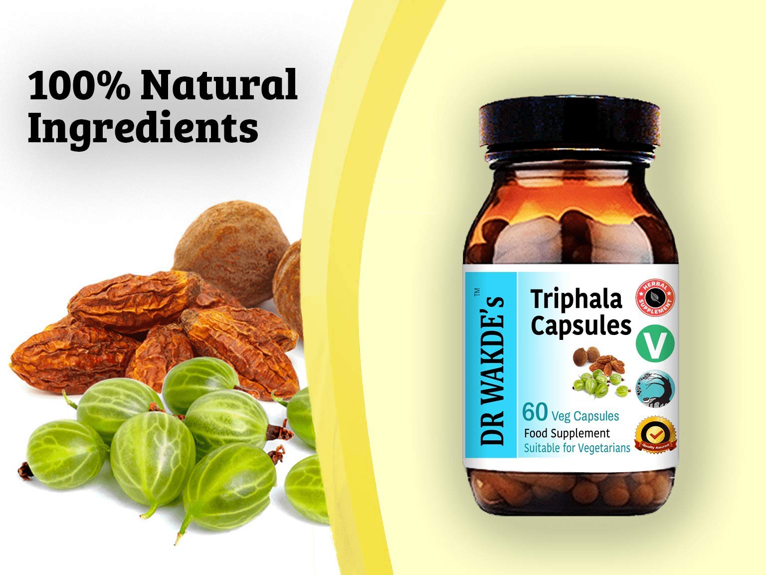 DR WAKDE'S Triphala dietary supplement bottle displayed alongside natural herbal ingredients.