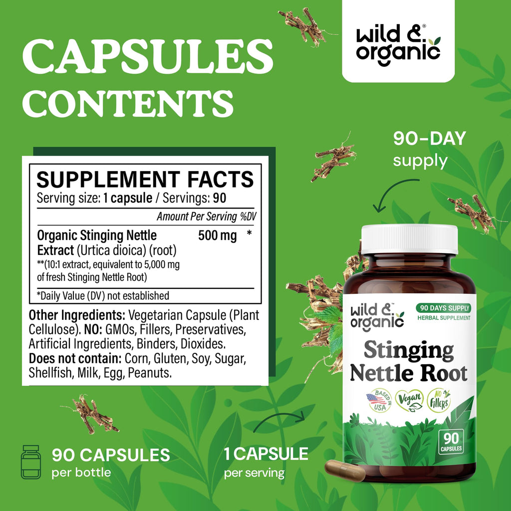 Wild and Organic Stinging Nettle Root 90 capsules bottle showing natural herbal supplement facts.