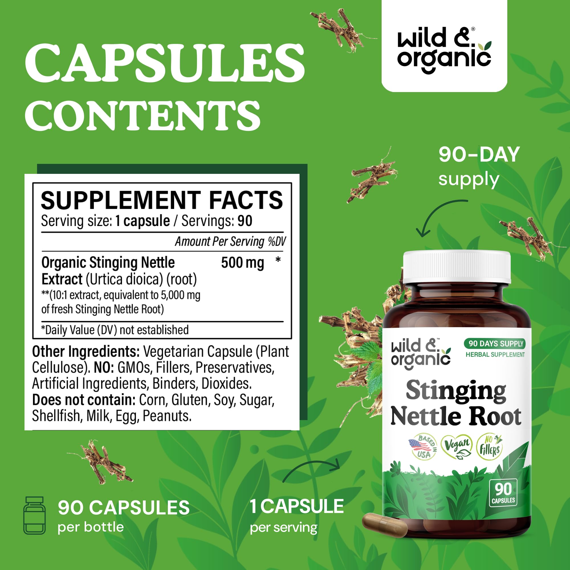 Wild and Organic Stinging Nettle Root 90 capsules bottle showing natural herbal supplement facts.