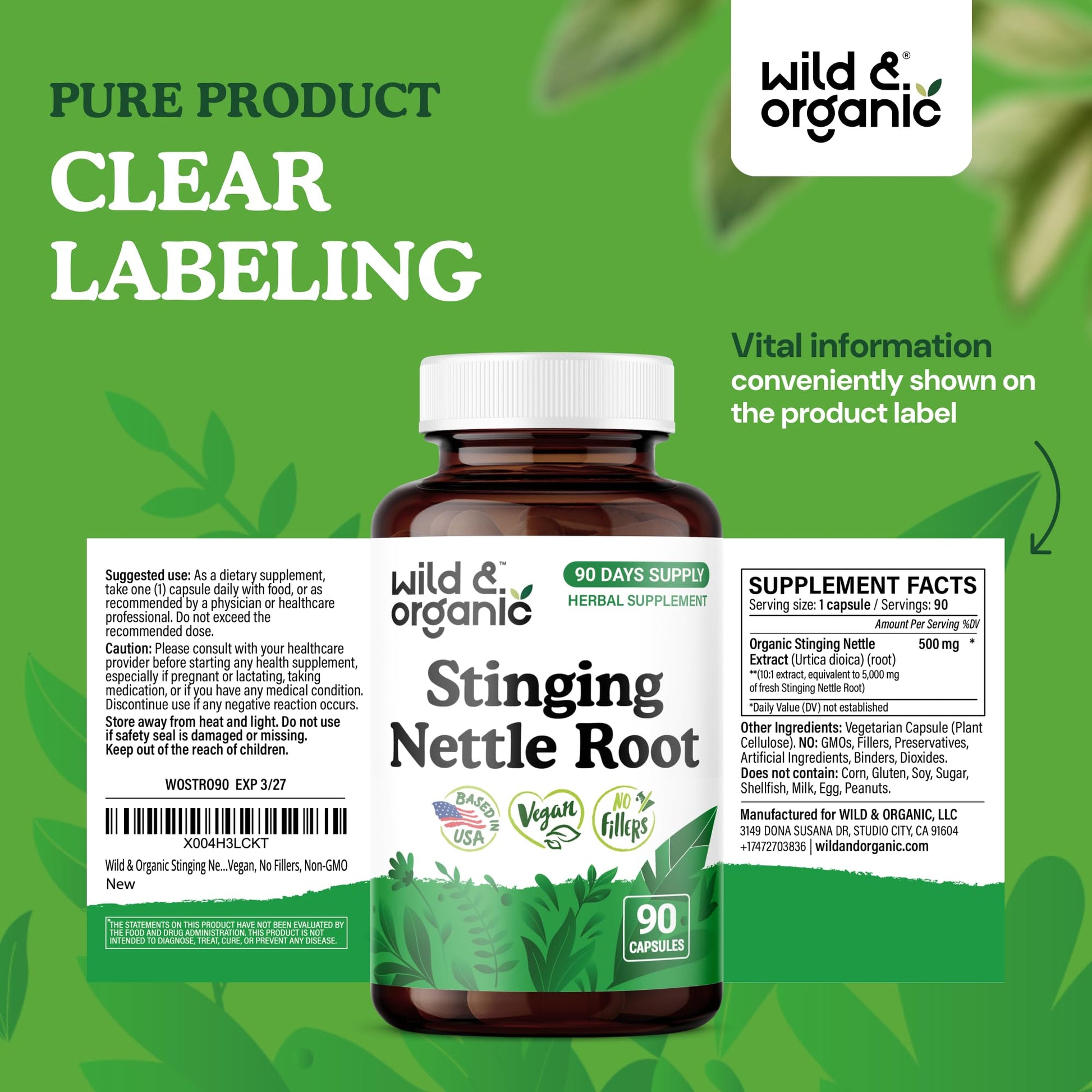 Wild and Organic stinging nettle root capsules close up of clean plant based ingredients.