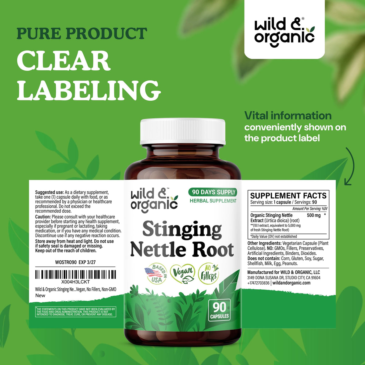Wild and Organic stinging nettle root capsules close up of clean plant based ingredients.