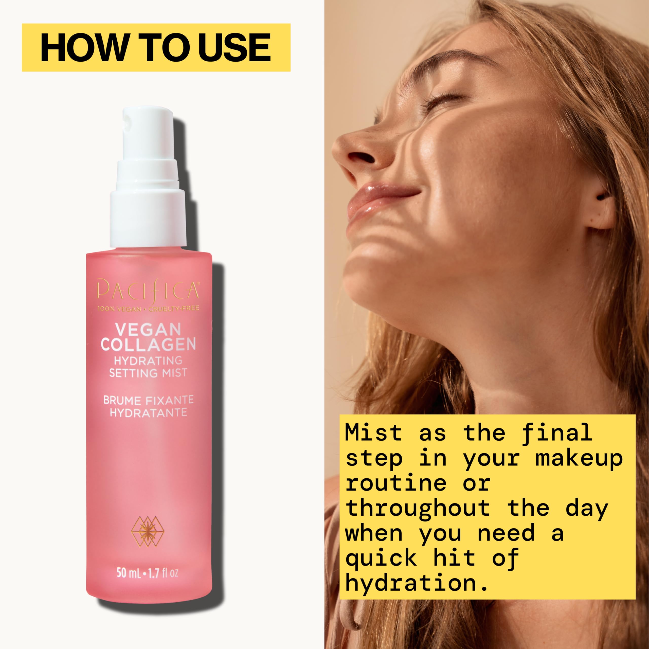 Dewy finish face mist spray application on model skin