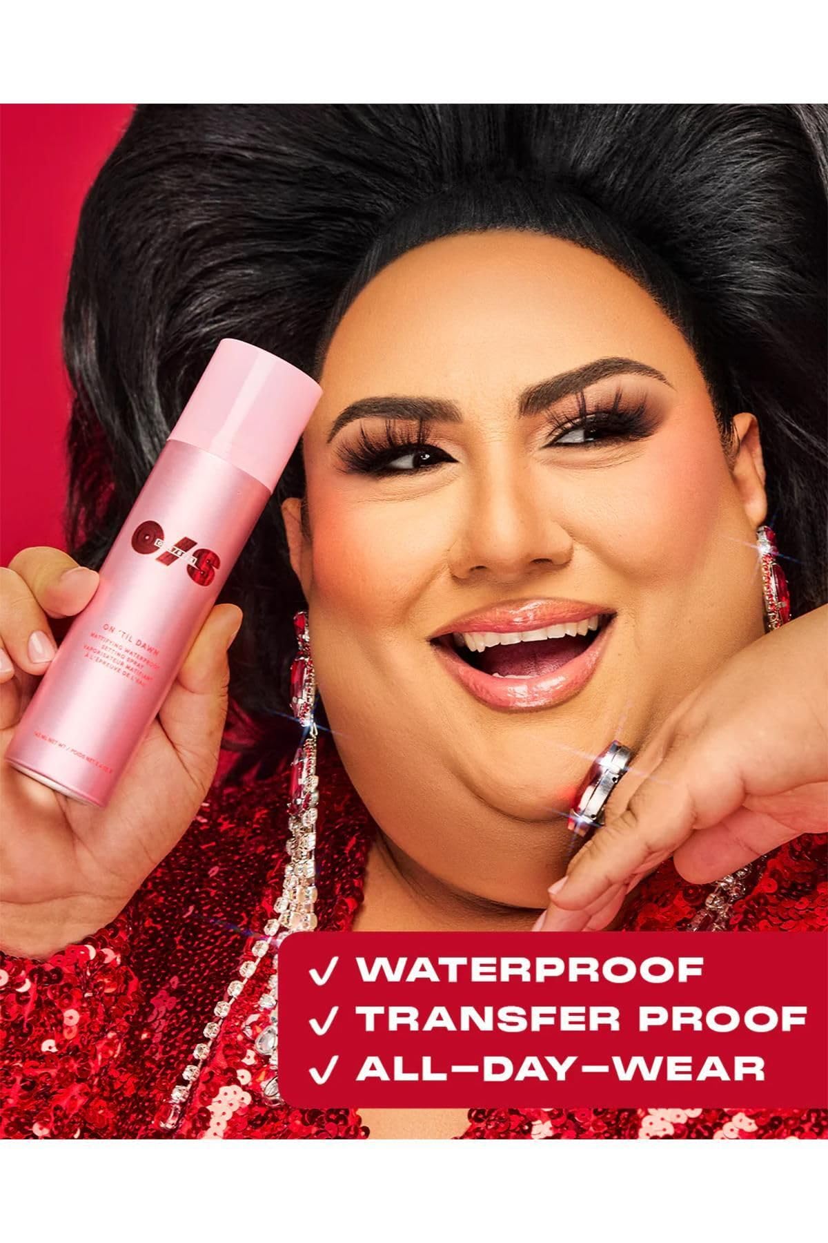 One Size On Til Dawn setting spray showing waterproof and matte finish benefits