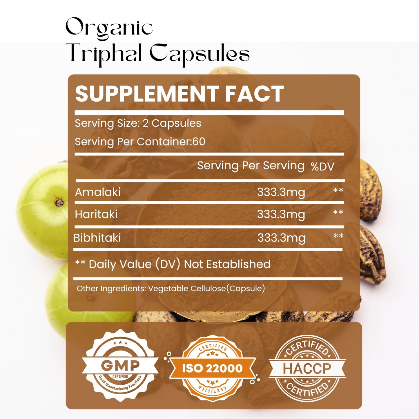 Hebhac Herbs Triphala dietary supplement packaging showing back label details and organic certification logos.