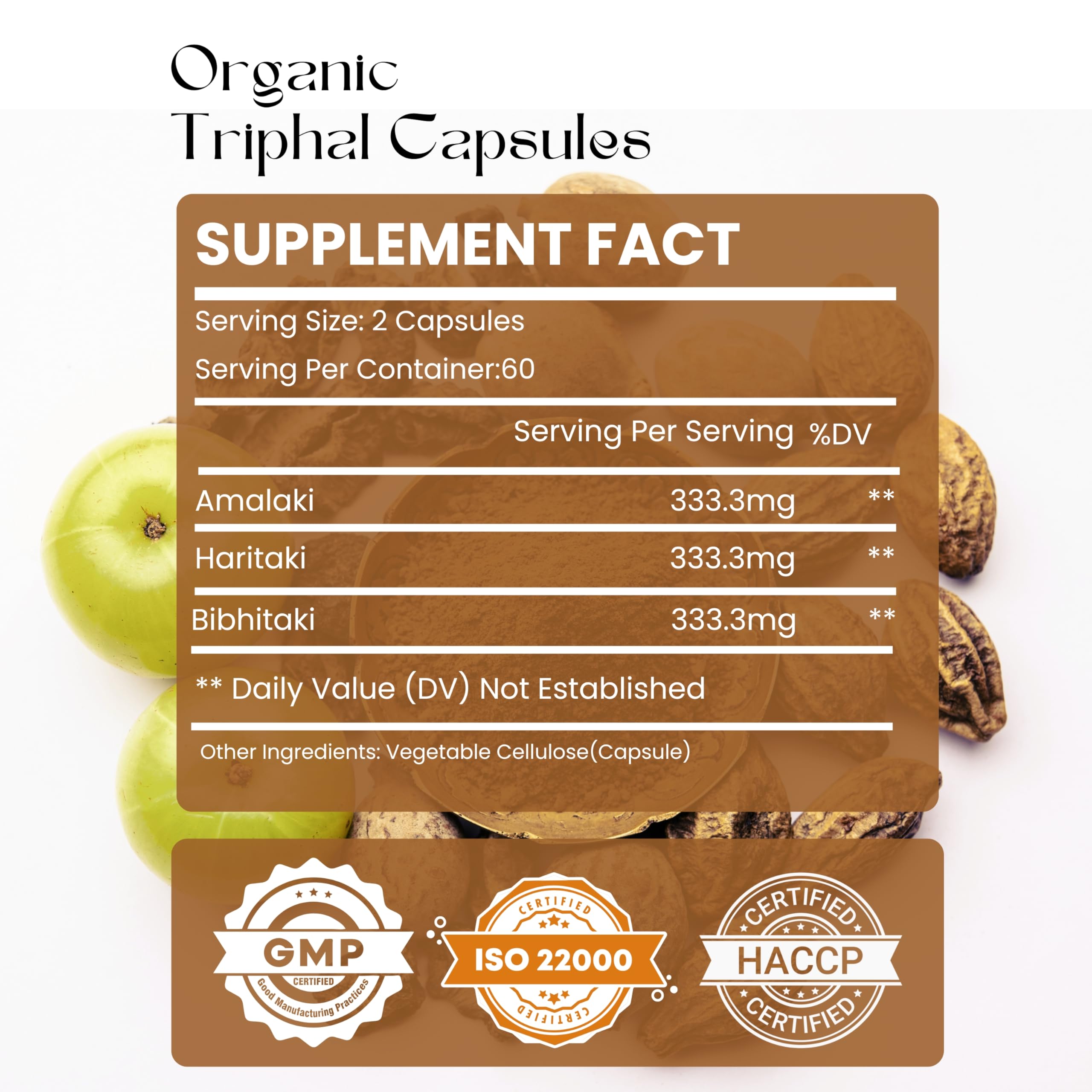 Hebhac Herbs Triphala dietary supplement packaging showing back label details and organic certification logos.