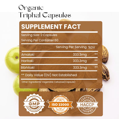Hebhac Herbs Triphala dietary supplement packaging showing back label details and organic certification logos.