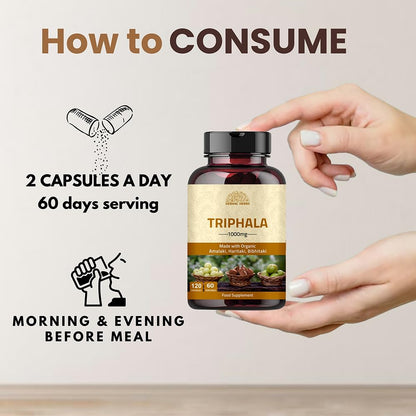 Side view of Hebhac Herbs Triphala 120 capsules container showing clear dosage instructions and ingredients.