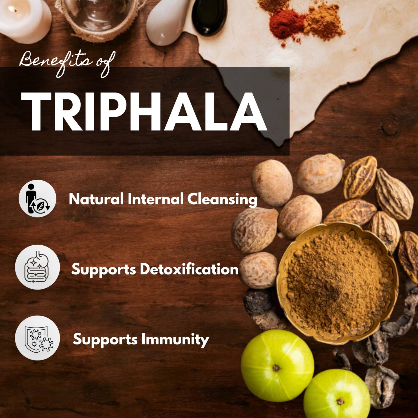 Hebhac Herbs Triphala herbal capsules displayed next to the product bottle demonstrating the vegetarian capsule shells.